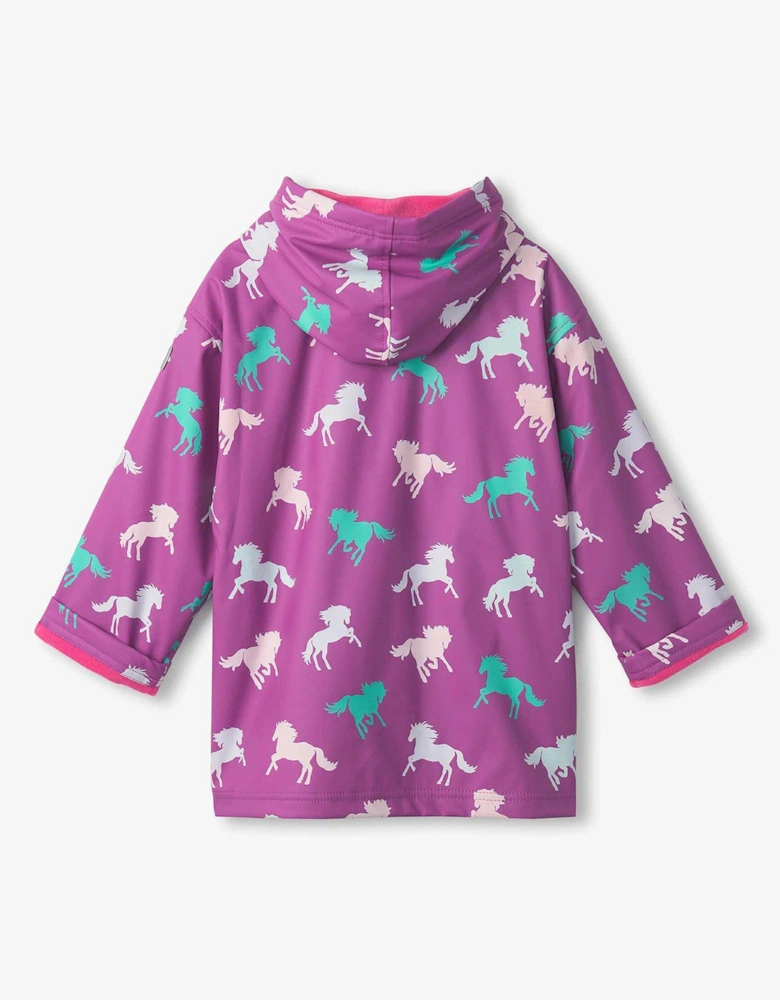 Girls Leaping Horses Zip Up Rain Jacket - Purple