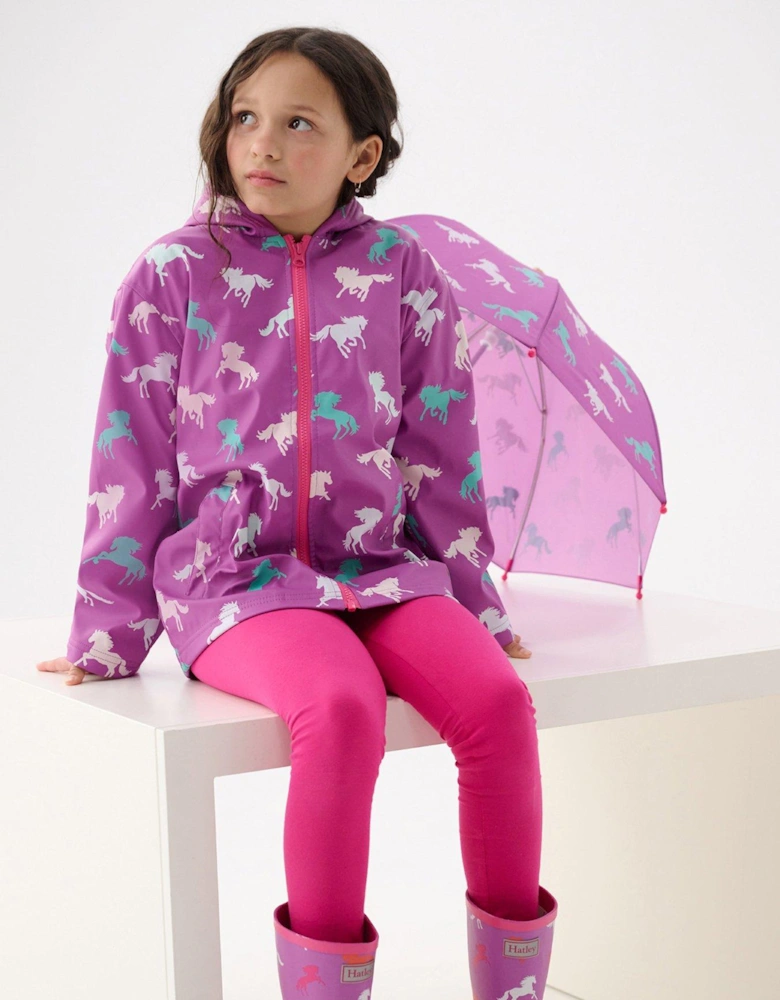 Girls Leaping Horses Zip Up Rain Jacket - Purple