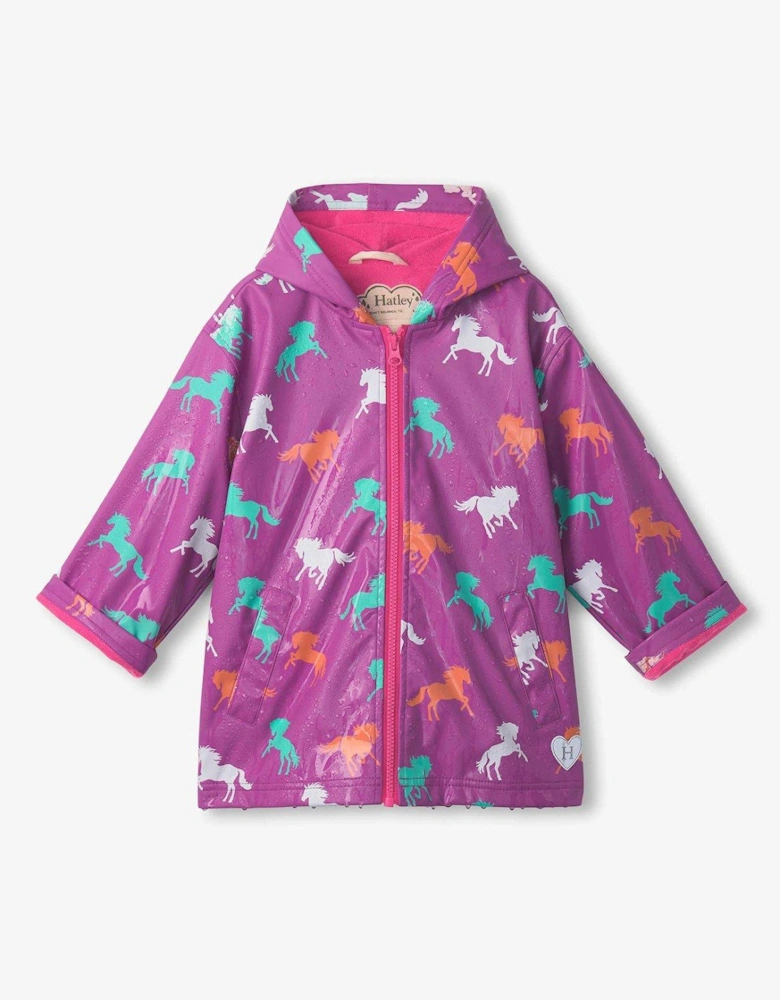 Girls Leaping Horses Zip Up Rain Jacket - Purple