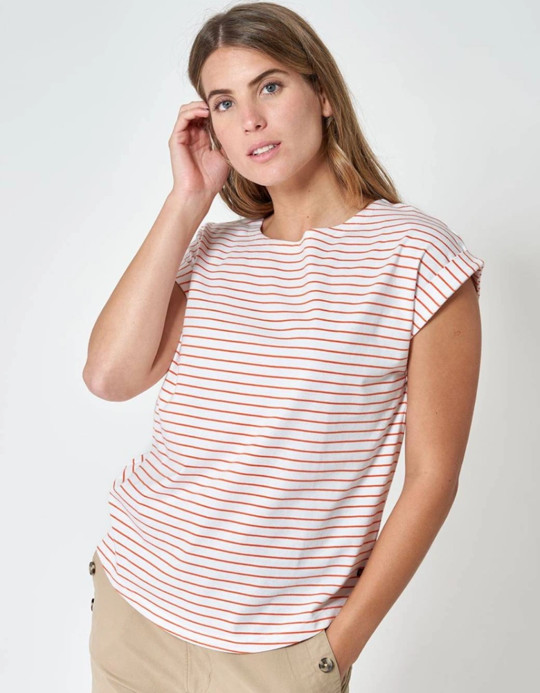 Women's Fine Striped Drop Sleeve T-Shirt White/Vermillo
