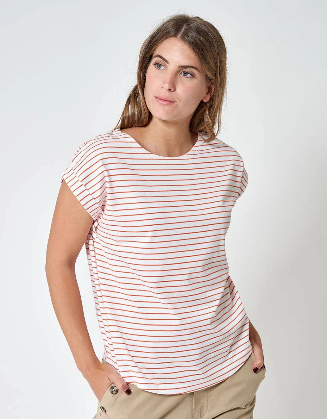 Women's Fine Striped Drop Sleeve T-Shirt White/Vermillo, 5 of 4