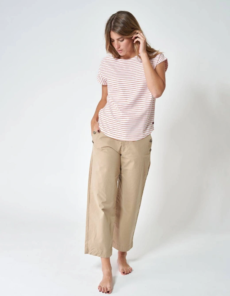 Women's Fine Striped Drop Sleeve T-Shirt White/Vermillo