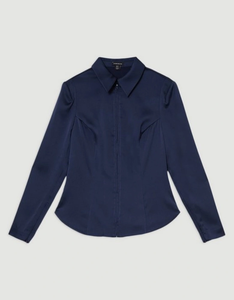 Satin Back Crepe Strong Shoulder Woven Zip Front Blouse