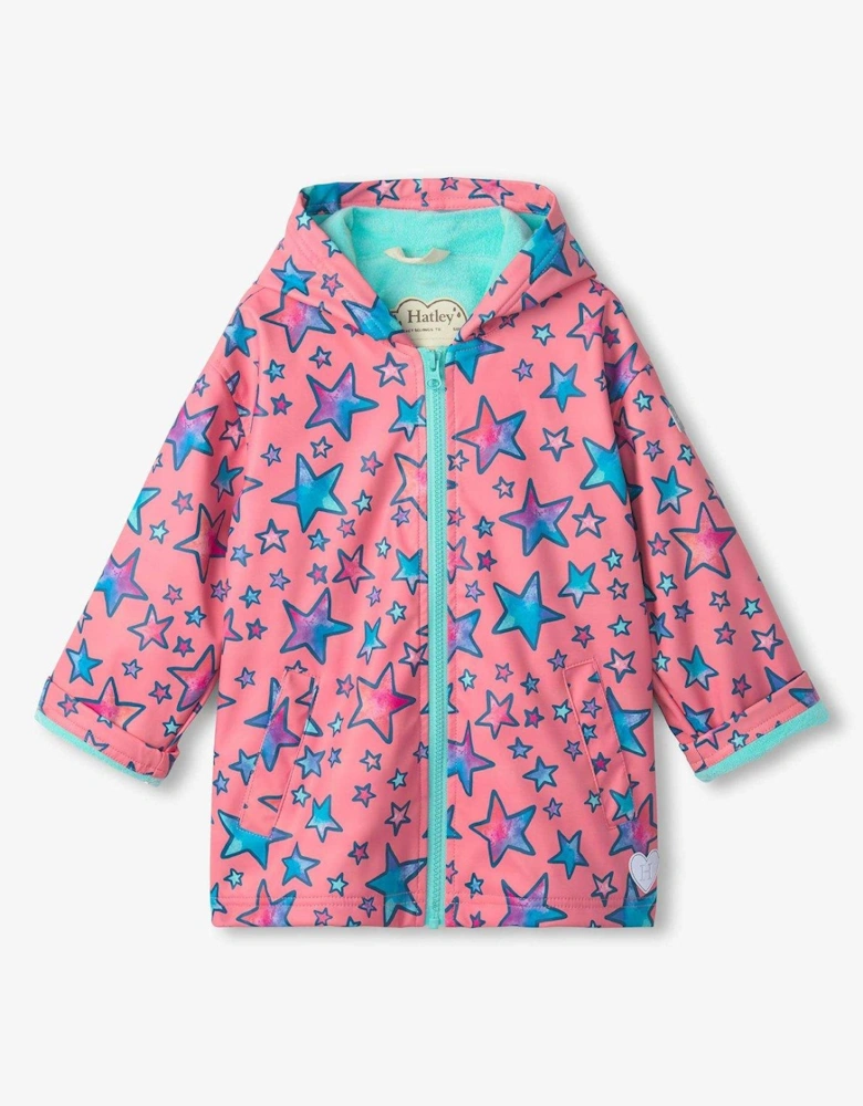 Girls Watercolour Doodles Zip Up Rain Jacket - Pink