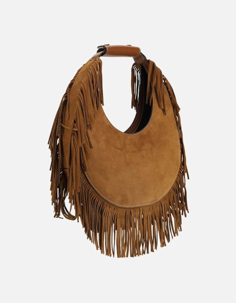 Suede Moon Shoulder Bag with Decorative Bangs Women - Brown