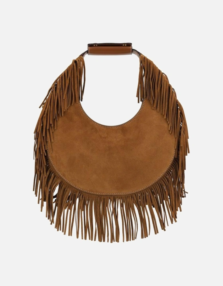 Suede Moon Shoulder Bag with Decorative Bangs Women - Brown