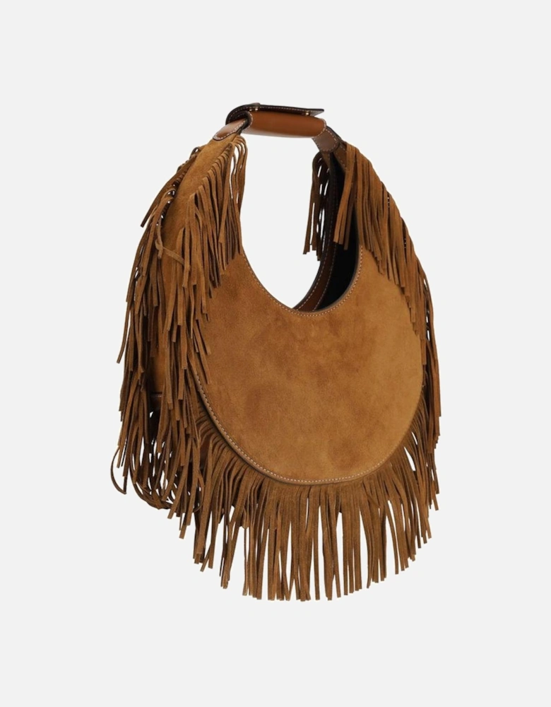 Suede Moon Shoulder Bag with Decorative Bangs Women - Brown