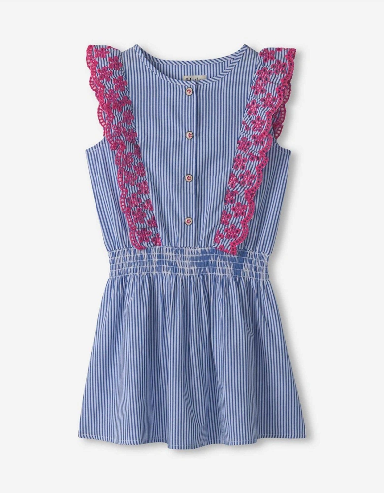 Girls Pinstripe Scallop Ruffle Dress - Blue