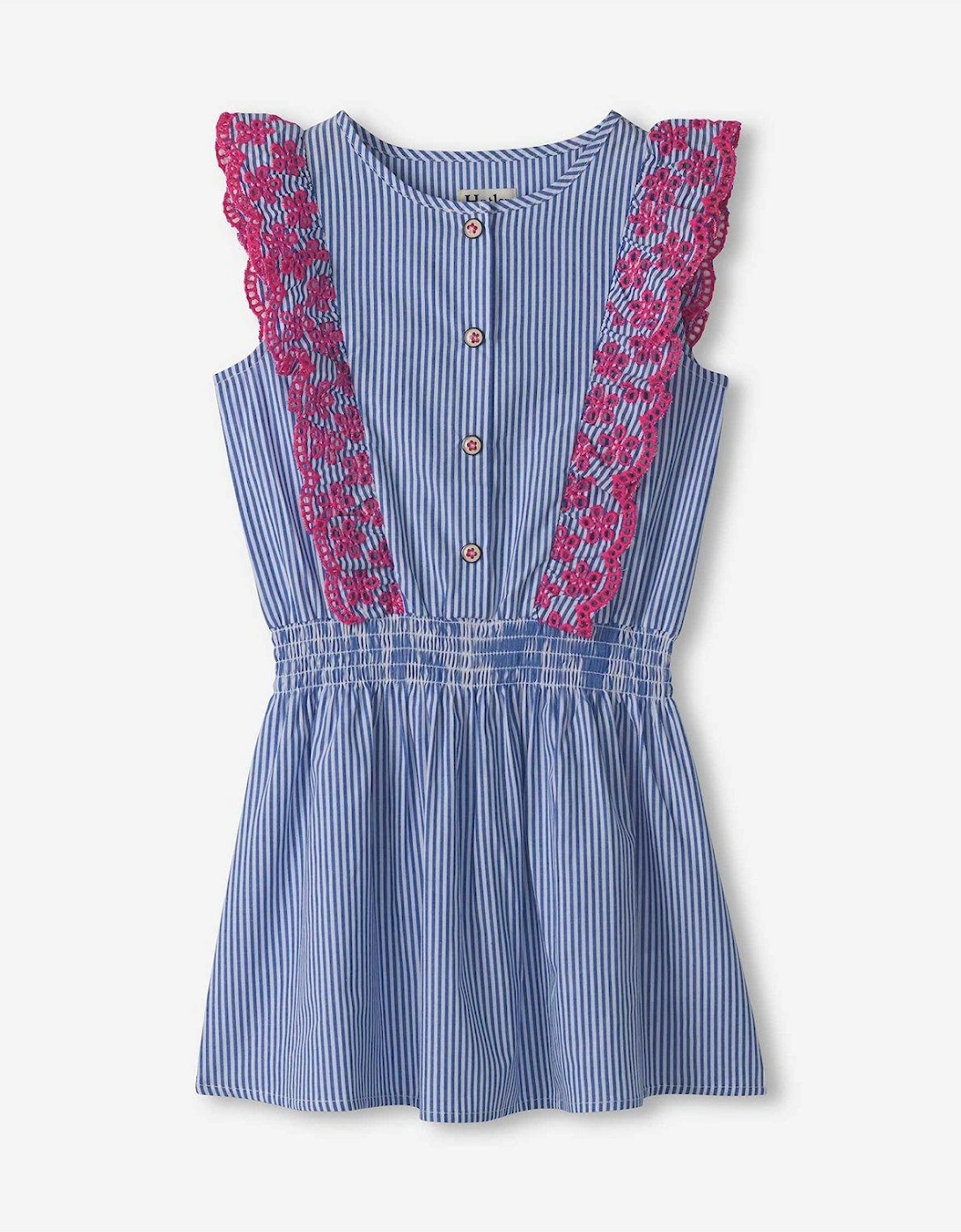 Girls Pinstripe Scallop Ruffle Dress - Blue