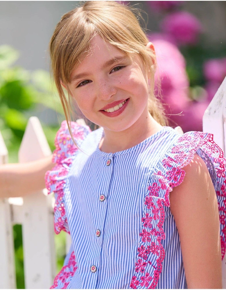 Girls Pinstripe Scallop Ruffle Dress - Blue