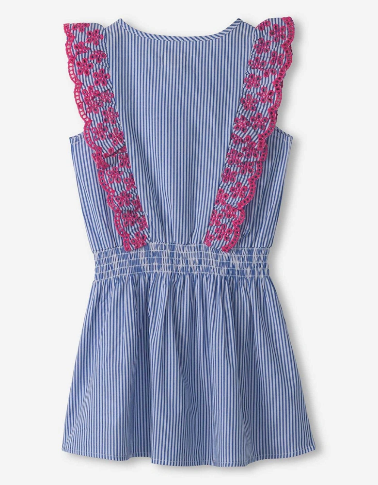 Girls Pinstripe Scallop Ruffle Dress - Blue