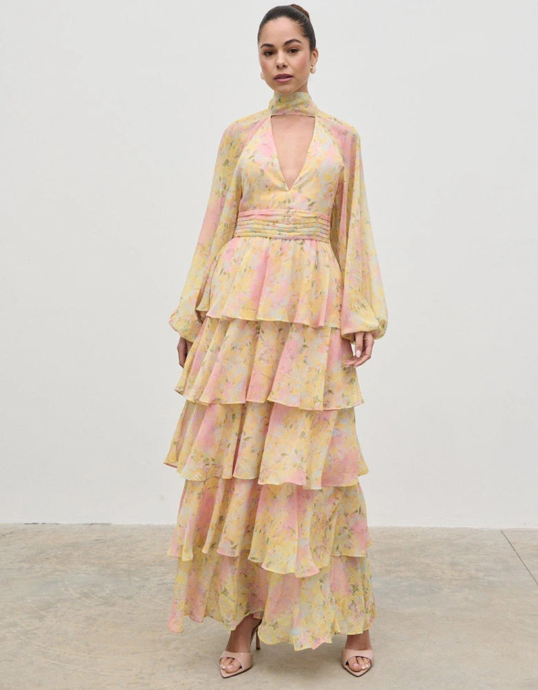 Anya Ruffle Maxi Dress - Pastel Multi Abstract Print
