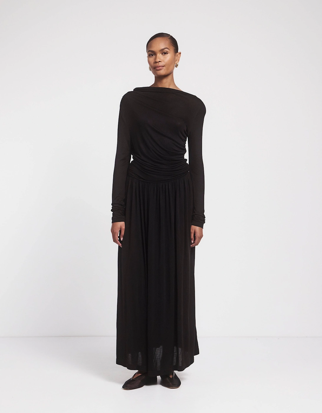 Romy Long Sleeve Draped Dress in Black, 6 of 5