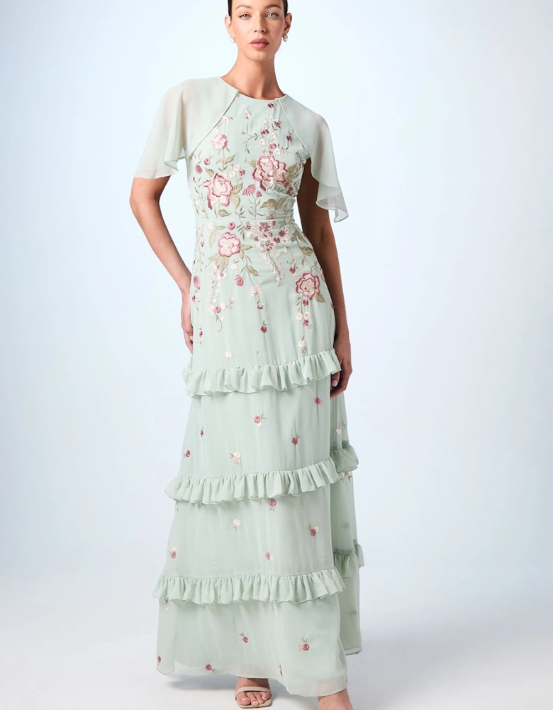 Embroidered Trailing Floral Cape Detail Tiered Bridesmaids Dress