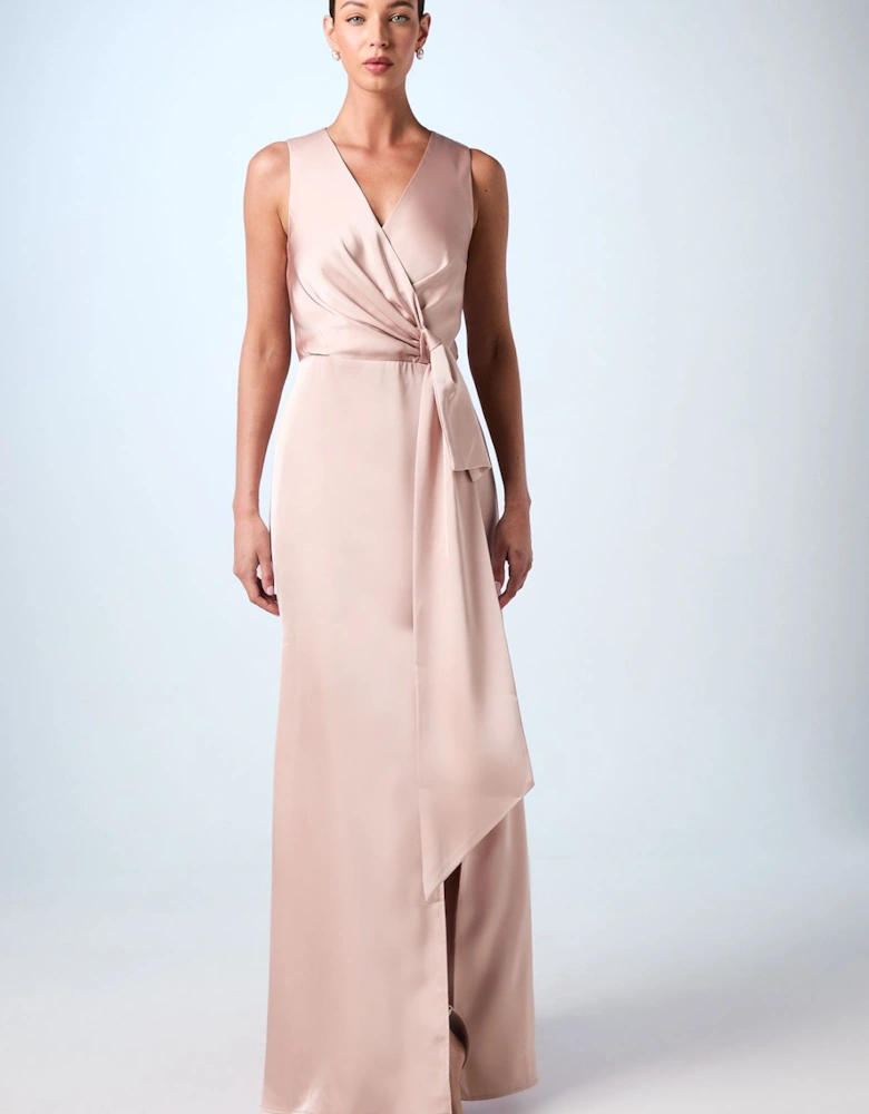 V Neck Bow Maxi Bridesmaids Dress