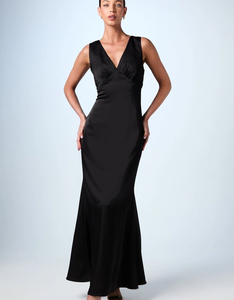 Bow Back V Neck Satin Bridesmaid Dress