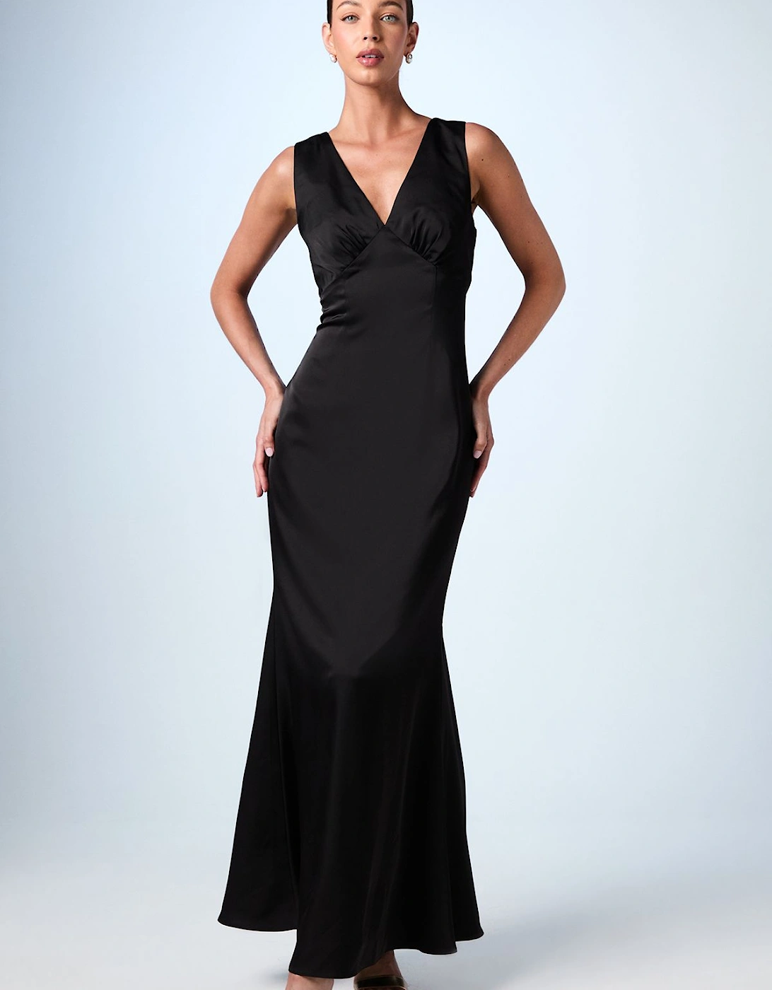 Bow Back V Neck Satin Bridesmaid Dress, 2 of 1
