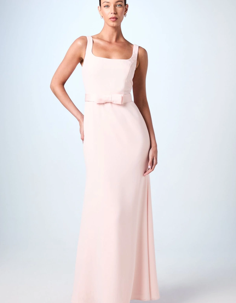 Square Neck Bow Detail Crepe Maxi Dress