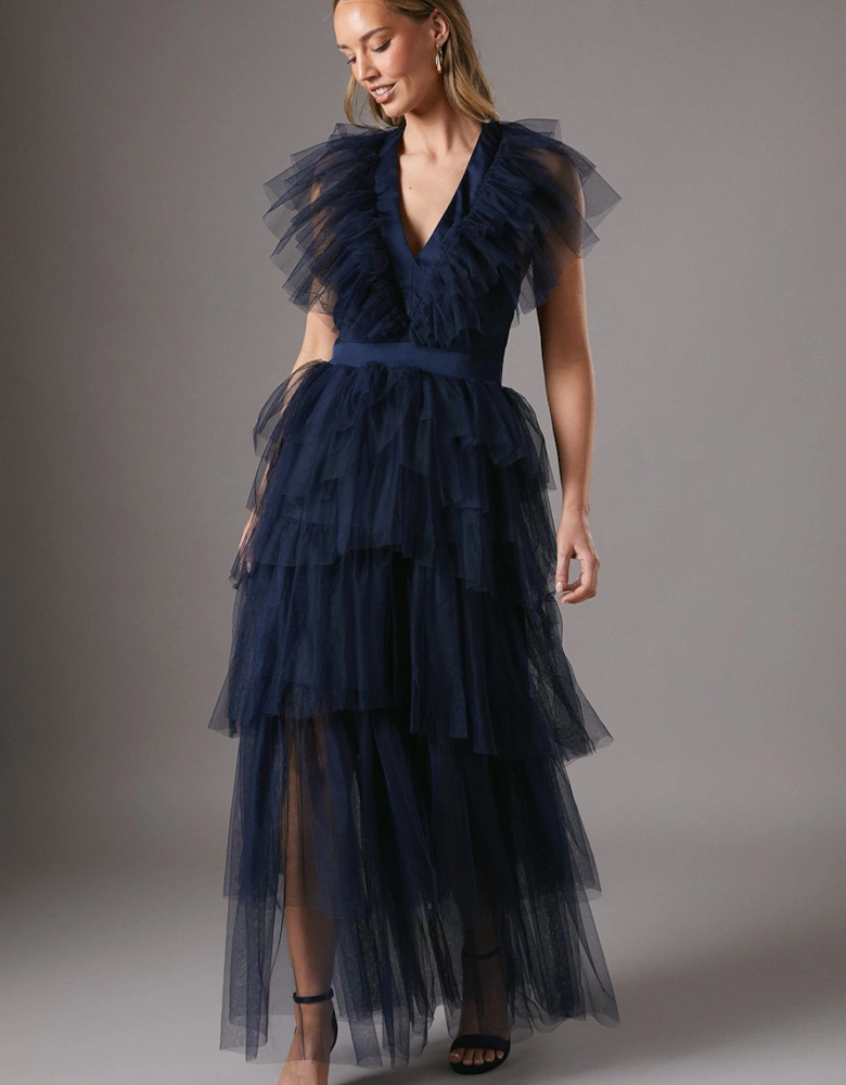 Mesh Halter Tiered Skirt Maxi Dress