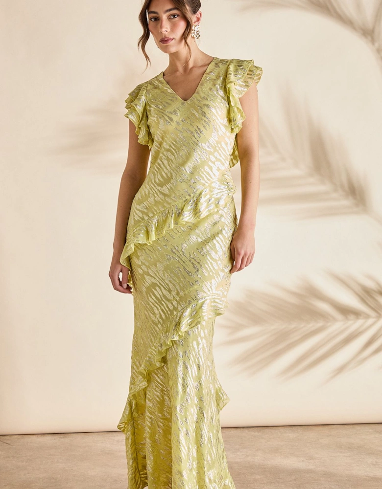 Metallic Jacquard Frill Midi Dress