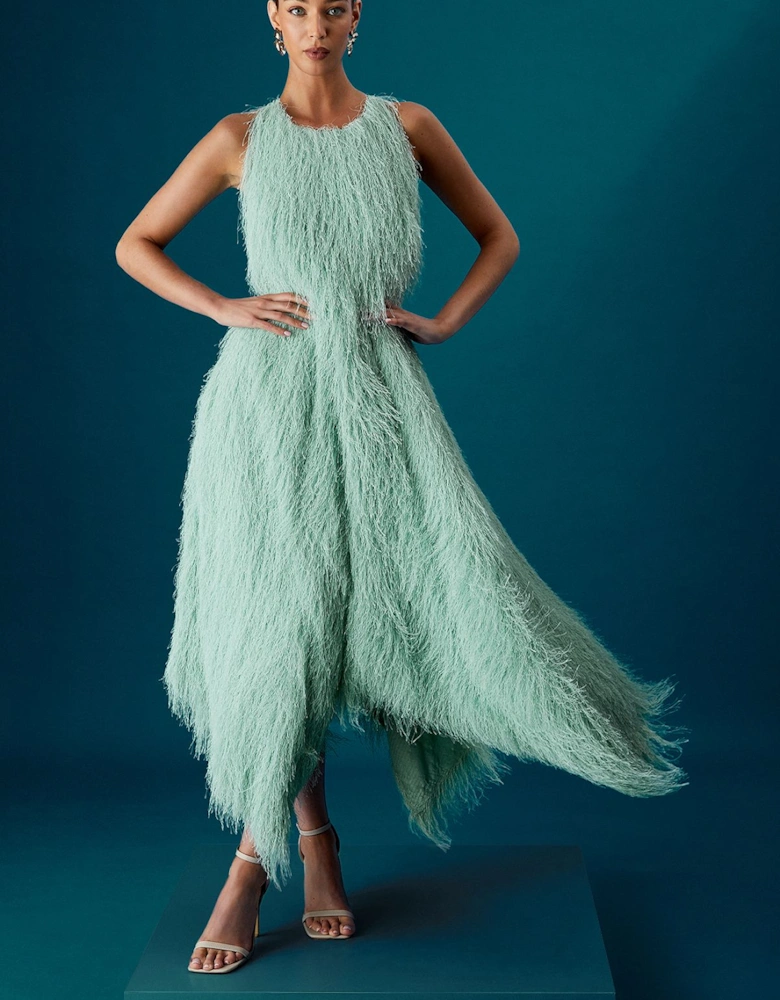 Muse Fringe Halter Neck Tie Back Midi Dress