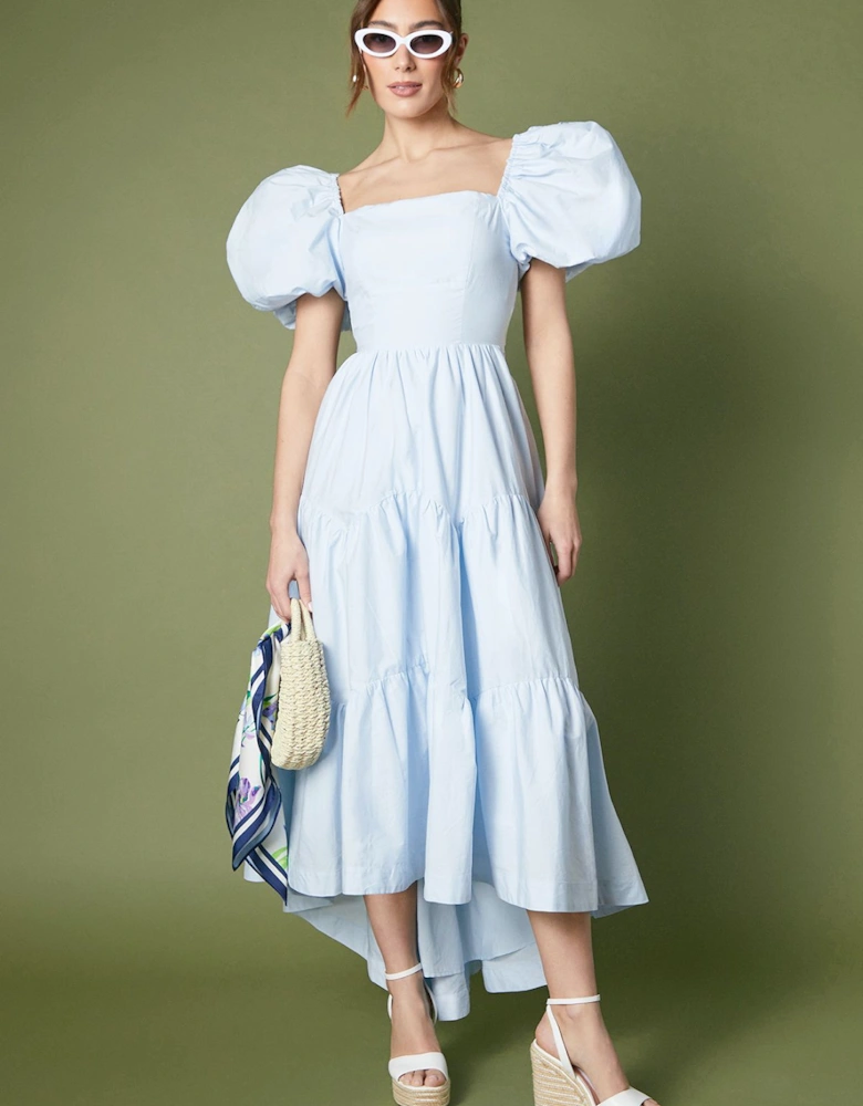 Puff Sleeve Tiered High Low Maxi Dress