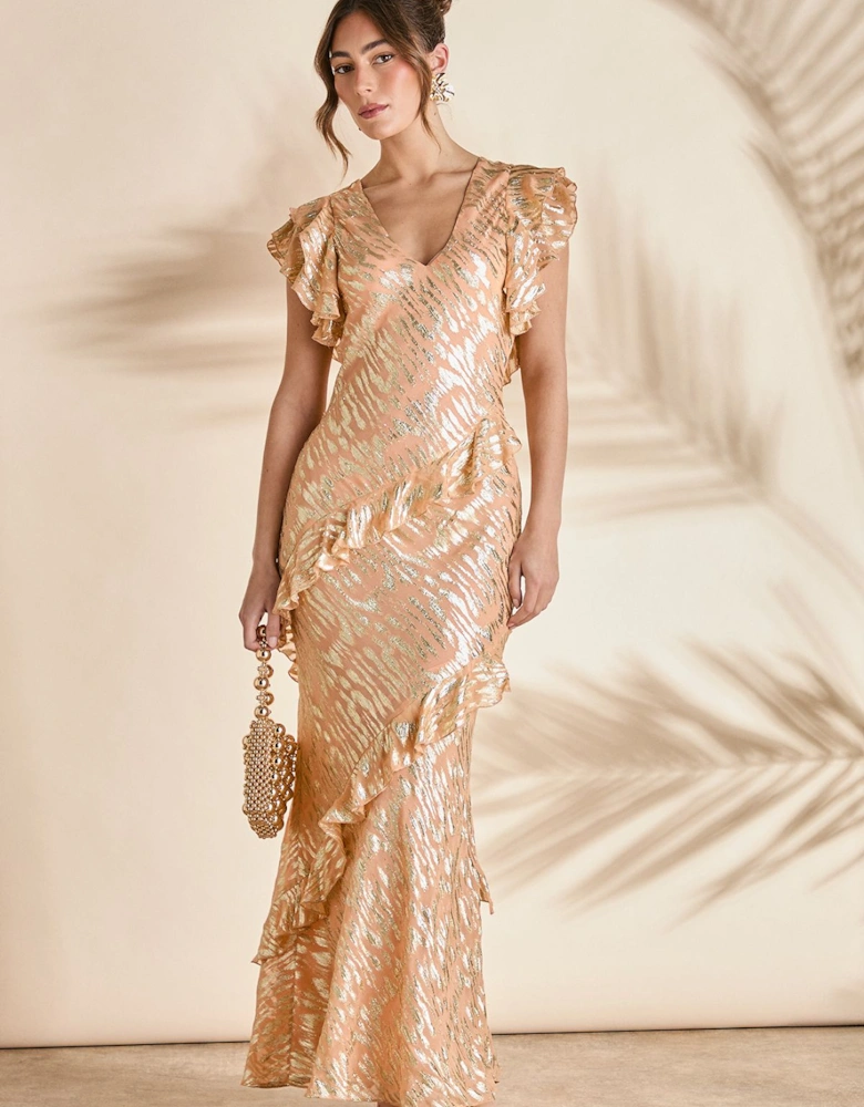 Metallic Jacquard Frill Midi Dress