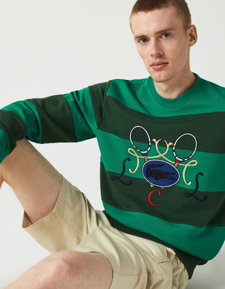 Tennis Design Striped Crewneck Sweatshirt