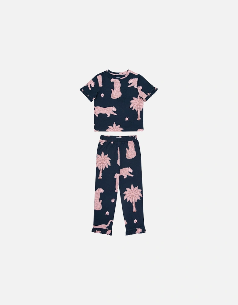 Unisex Kids Abstract Shapes Leopards Tshirt And Regular Long Bottom Pyjama Set - Navy