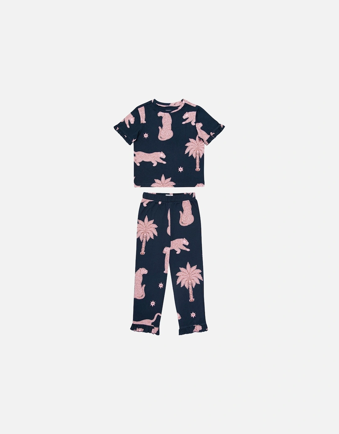 Unisex Kids Abstract Shapes Leopards Tshirt And Regular Long Bottom Pyjama Set - Navy, 2 of 1