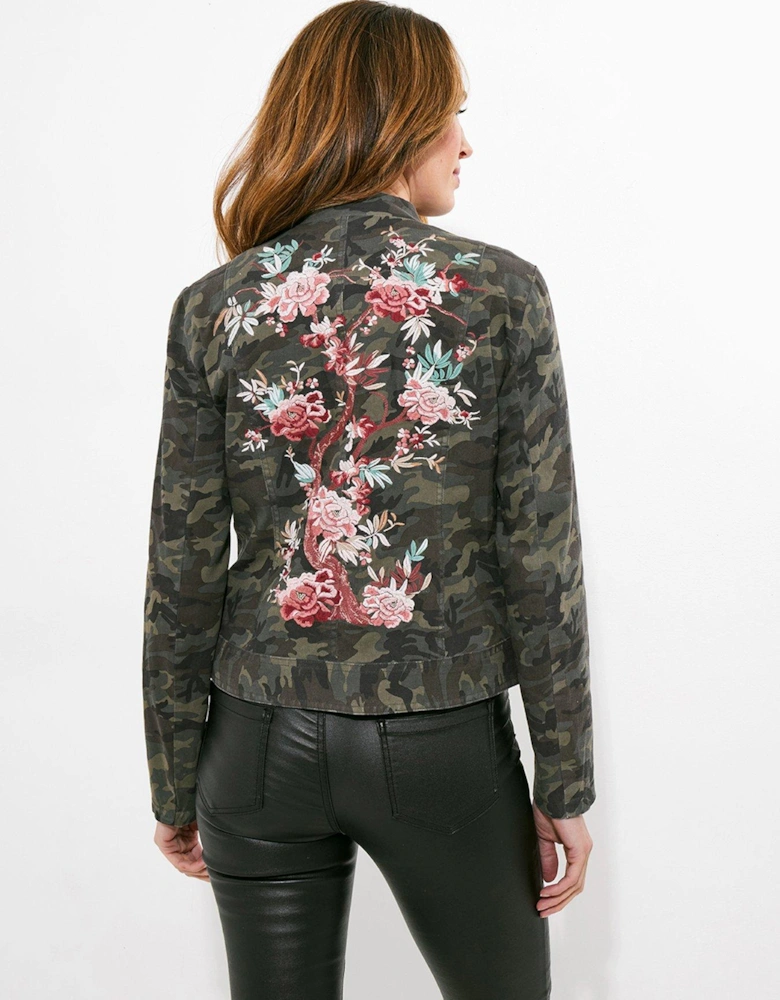 Boutique Blossom Embroidered Cotton Jacket - Khaki