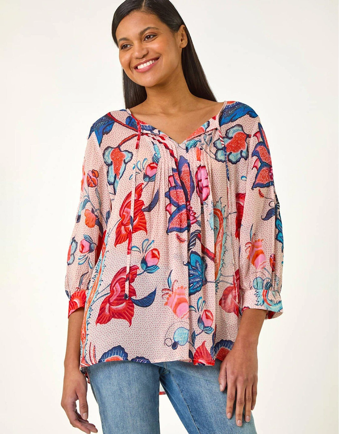 Floral Print Tie Front Top - Blue, 2 of 1