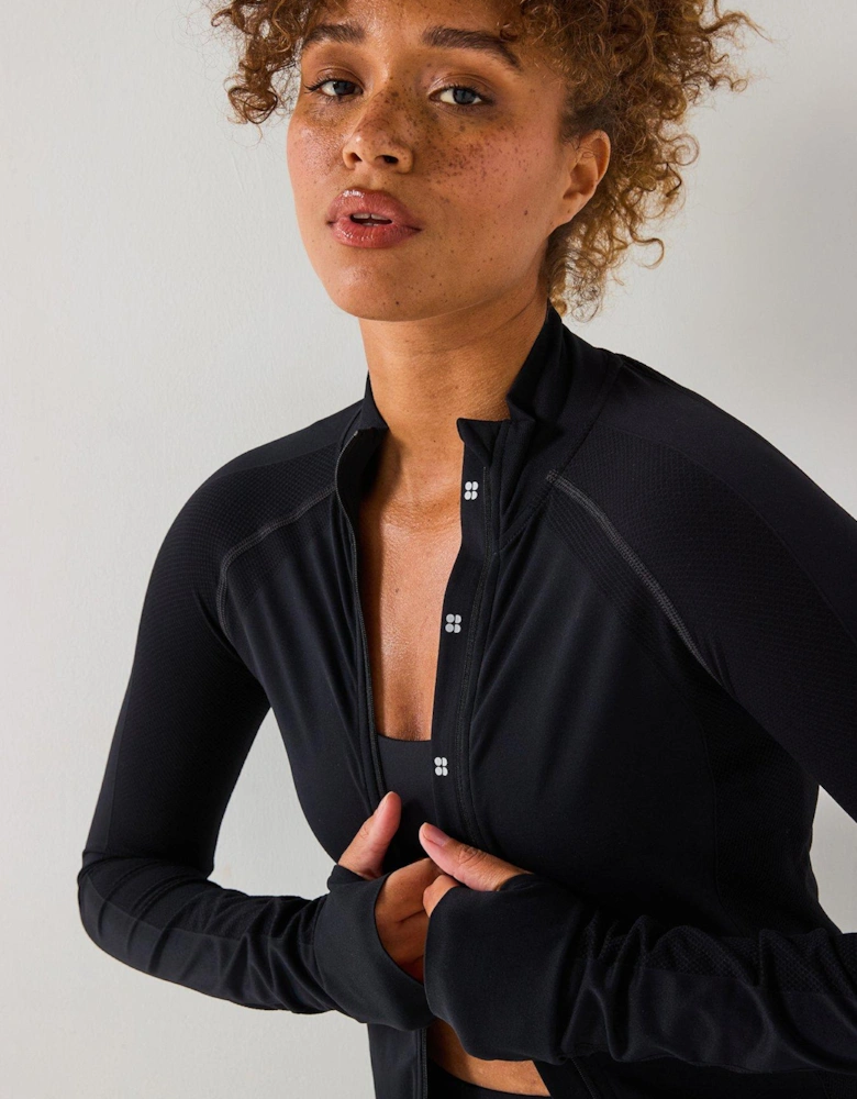 Womens Training Athlete Seamless Workout Zip Up - Black