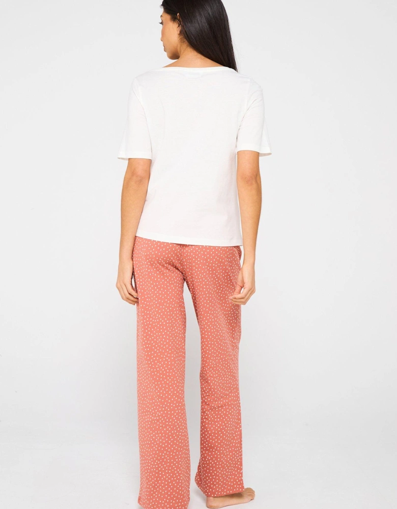 Short Sleeve Orange Print Wide Leg Pyjama Set - Tan