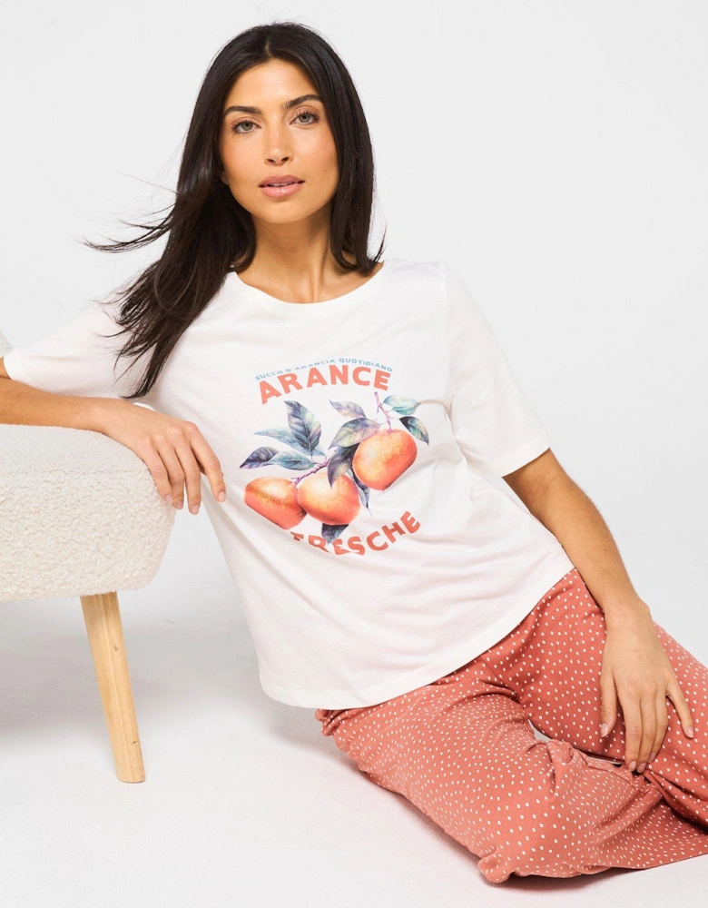 Short Sleeve Orange Print Wide Leg Pyjama Set - Tan