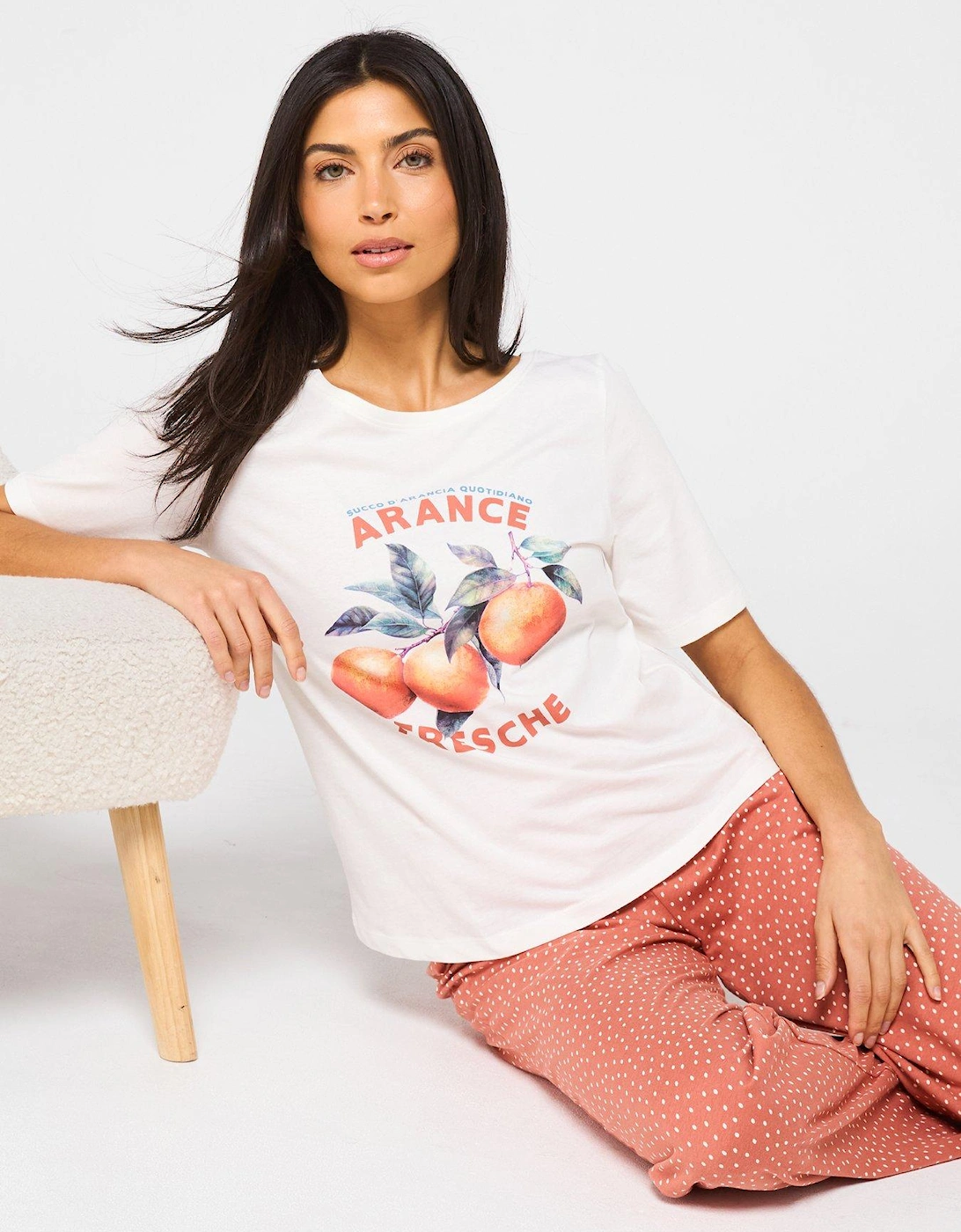 Short Sleeve Orange Print Wide Leg Pyjama Set - Tan