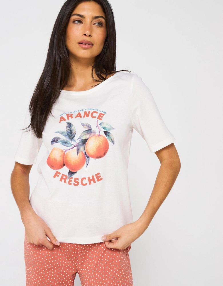 Short Sleeve Orange Print Wide Leg Pyjama Set - Tan