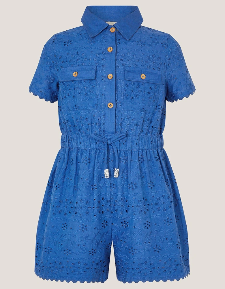 Girls Broderie Playsuit - Blue