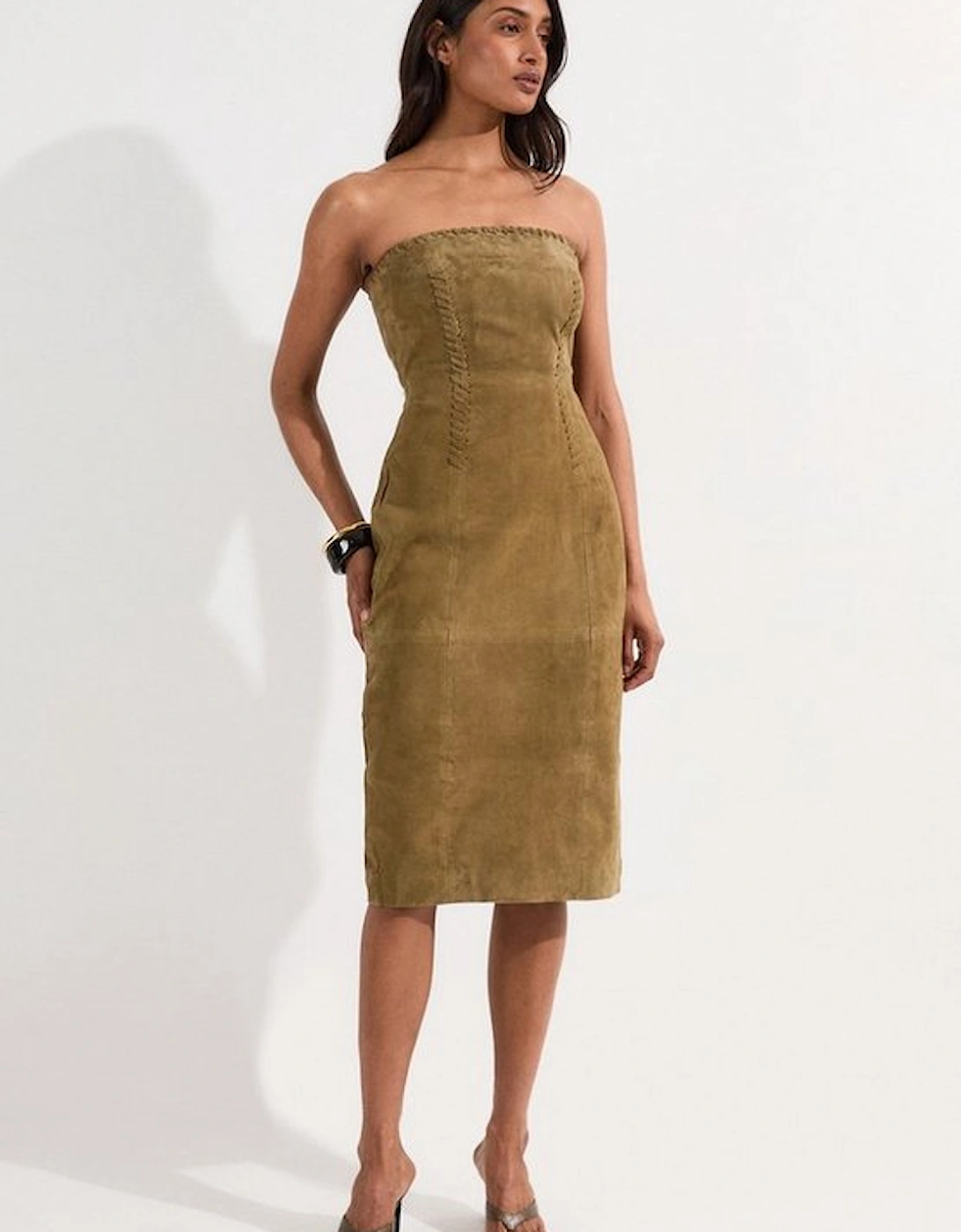 Suede Whipstitch Detail Bandeau Midi Dress, 5 of 4