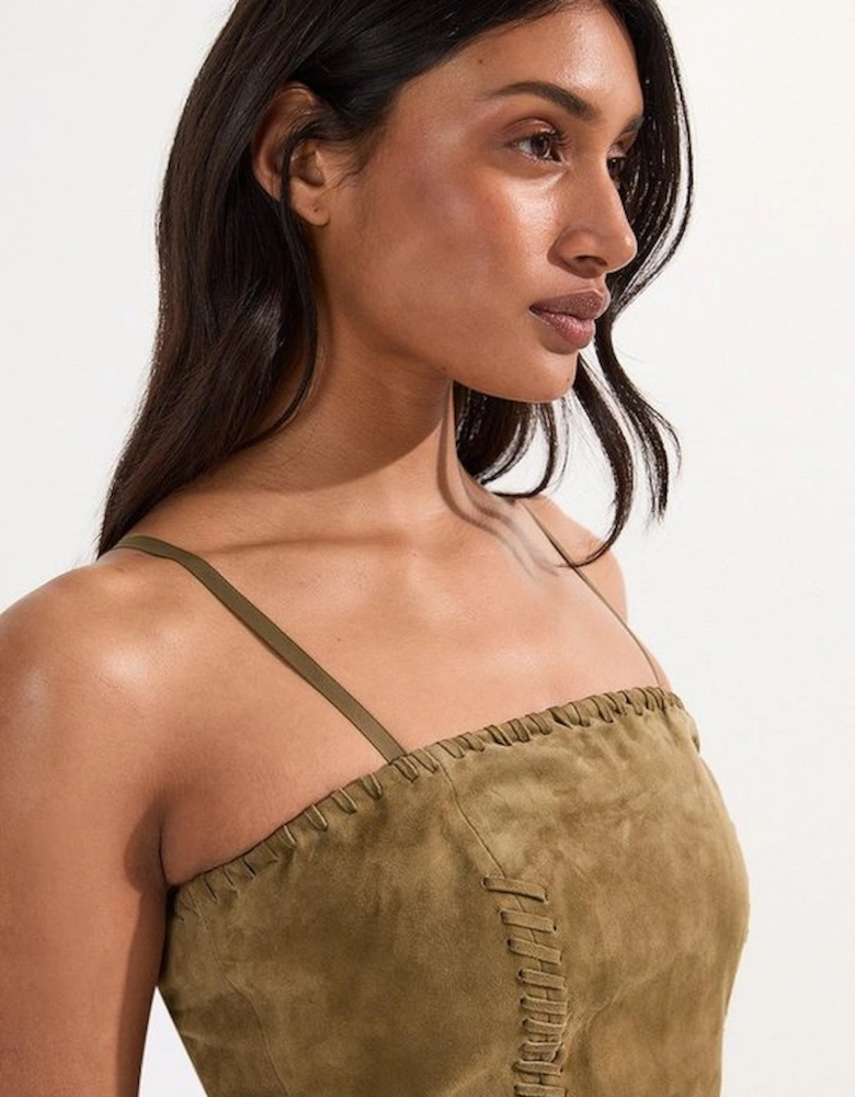 Suede Whipstitch Detail Bandeau Midi Dress