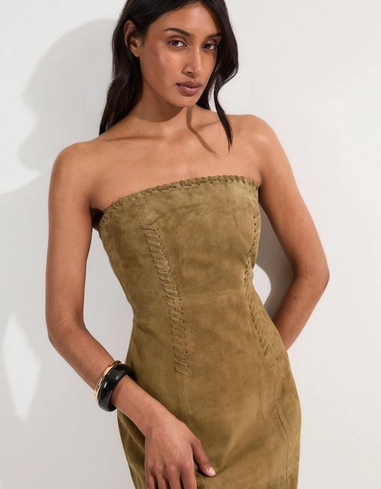 Suede Whipstitch Detail Bandeau Midi Dress