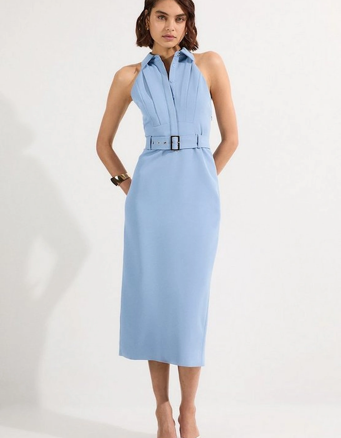 Twill Contrast Collar Woven Halter Neck Midi Dress, 4 of 3