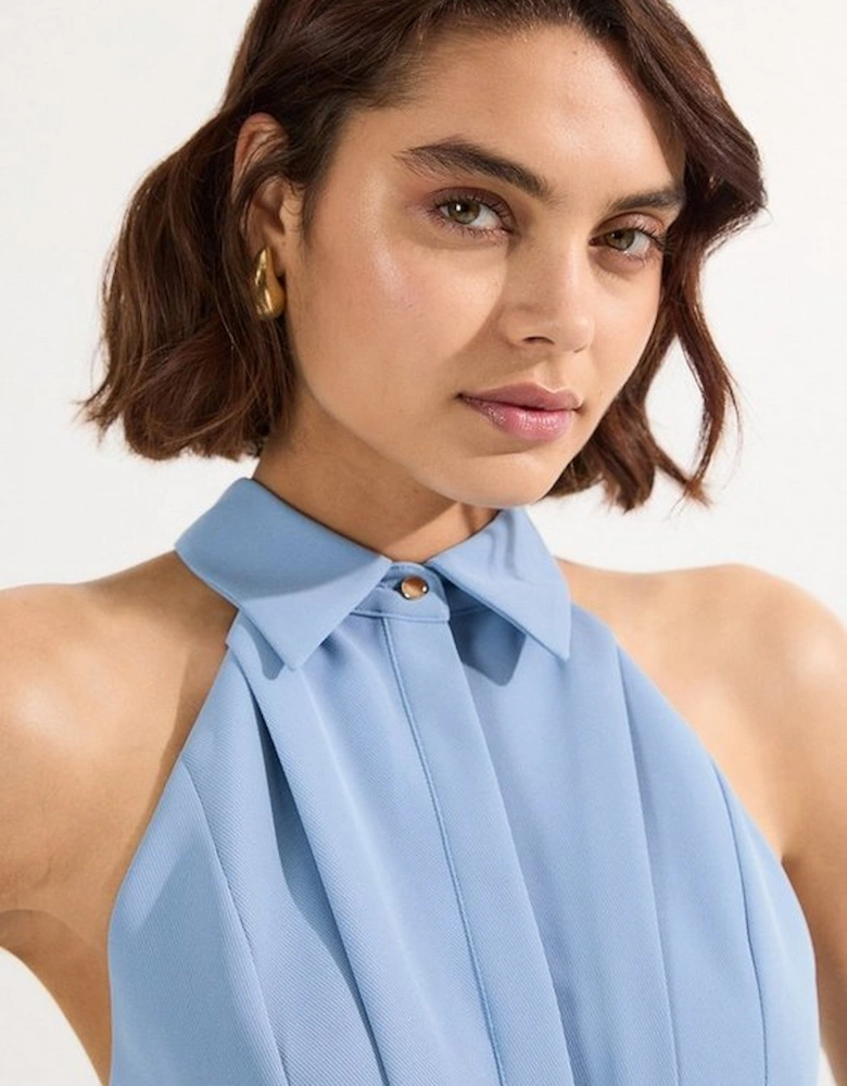Twill Contrast Collar Woven Halter Neck Midi Dress