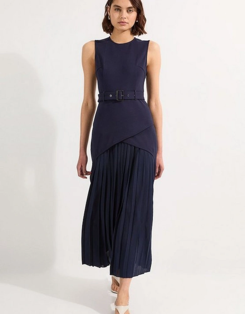 Ponte And Georgette Jersey Pleated Maxi Dress