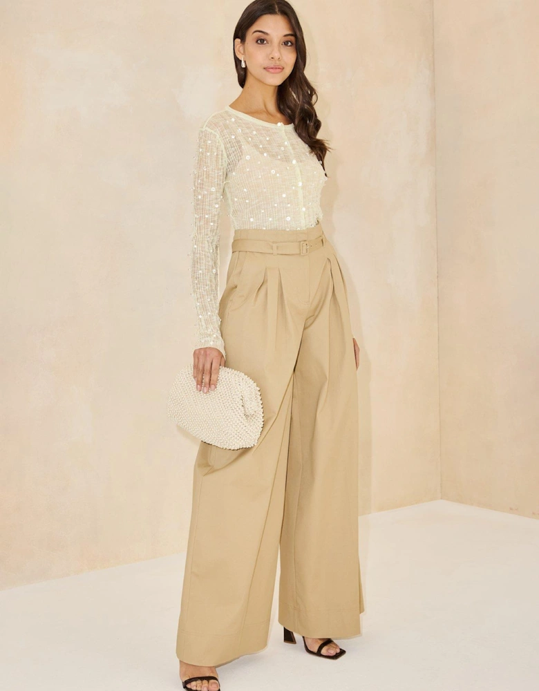 Belted Extra Wide Leg Trousers - Beige 
