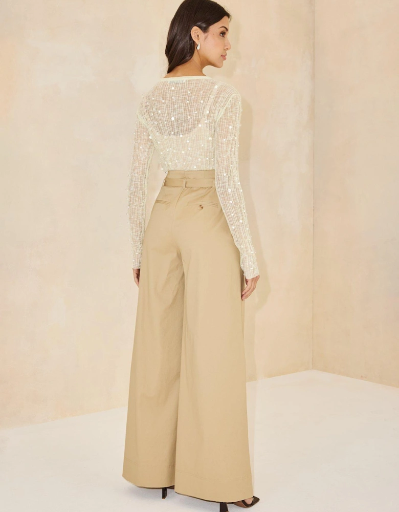 Belted Extra Wide Leg Trousers - Beige 
