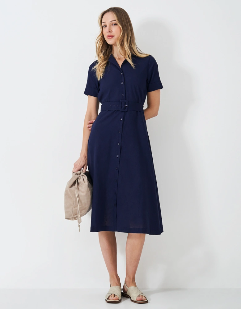 Women's Ava Belted Linen Blend Shirt Dress Navy