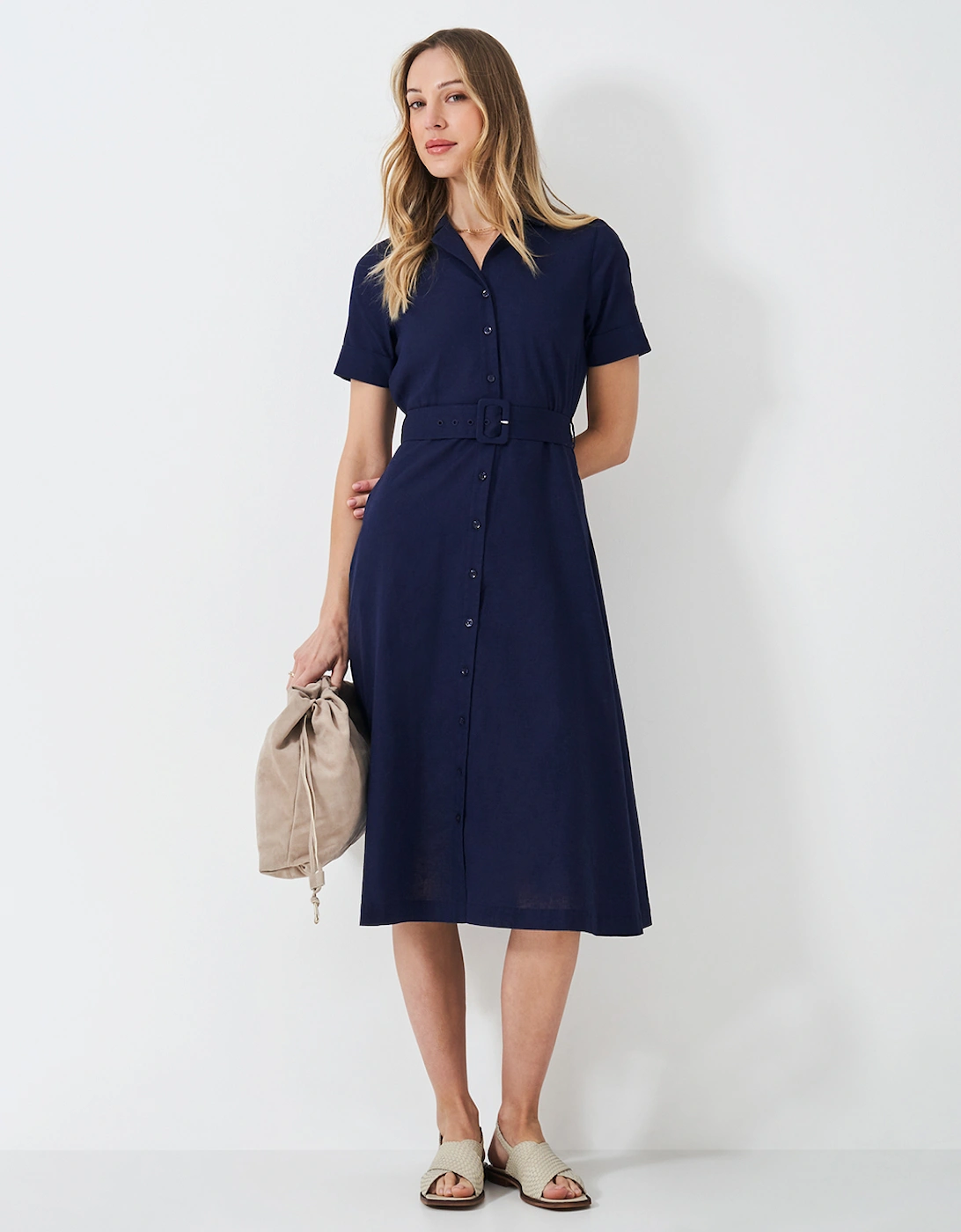 Women's Ava Belted Linen Blend Shirt Dress Navy, 6 of 5