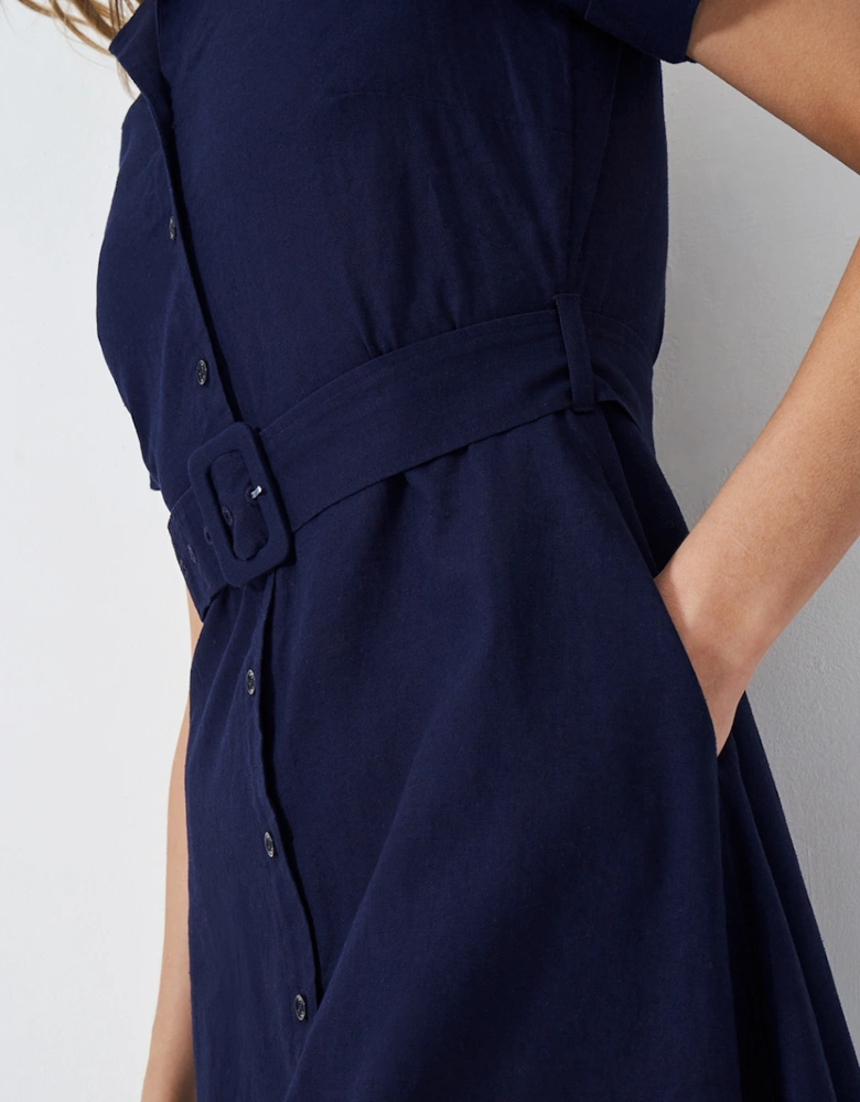 Women's Ava Belted Linen Blend Shirt Dress Navy