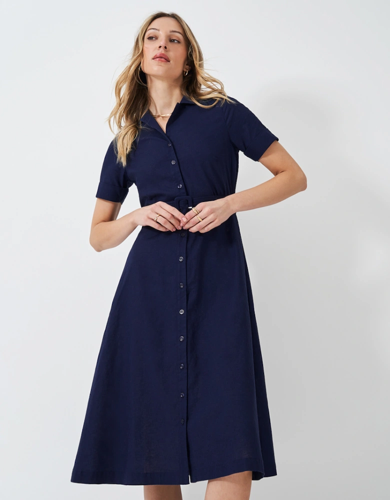 Women's Ava Belted Linen Blend Shirt Dress Navy